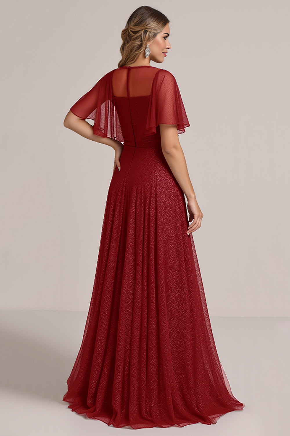 Glitter Burgundy A Line Bridesmaid Dress with Short Sleeves