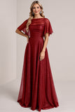 Glitter Burgundy A Line Bridesmaid Dress with Short Sleeves
