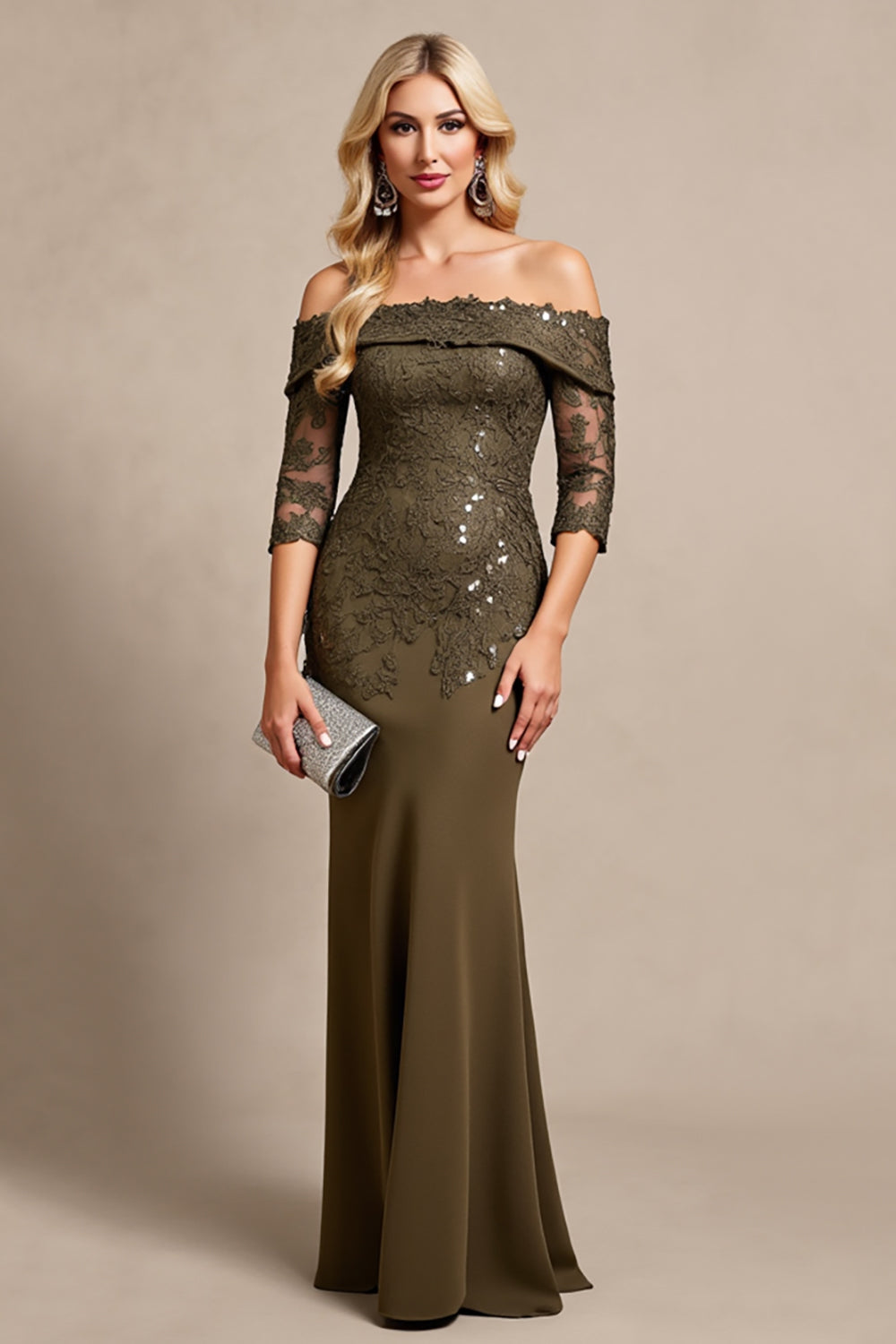 Olive Mermaid Off the Shoulder Long Mother of the Bride Dress