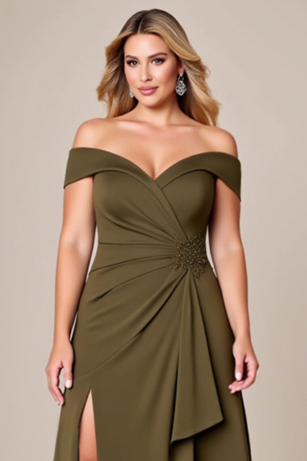 Off The Shoulder Olive Long Plus Size Mother Of The Bride Dress With Slit