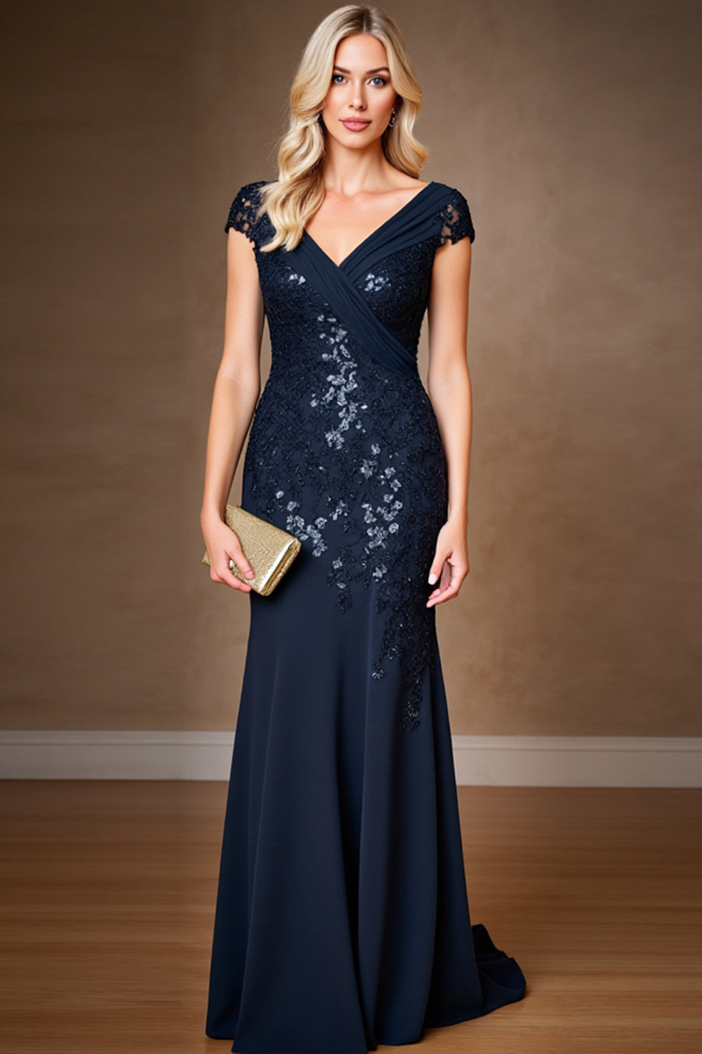 Navy Sheath Cap Sleeve Long Mother Of The Bride Dress With Sequins