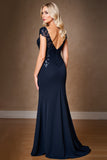 Navy Sheath Cap Sleeve Long Mother Of The Bride Dress With Sequins