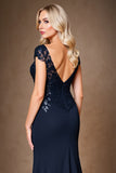 Navy Sheath Cap Sleeve Long Mother Of The Bride Dress With Sequins