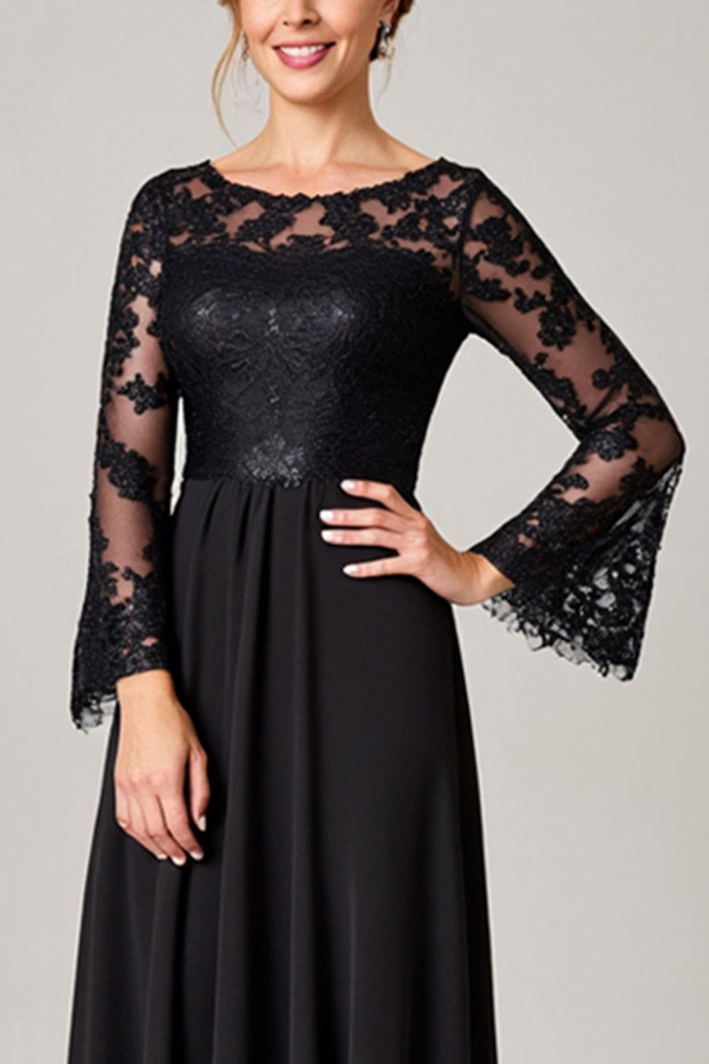 Black High Low Lace Applique Mother of the Bride Dress with Long Sleeves