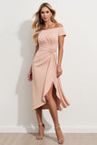 Off the Shoulder Sheath Apricot Ruched Midi Mother of the Bride Dress with Slit