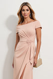 Off the Shoulder Sheath Apricot Ruched Midi Mother of the Bride Dress with Slit