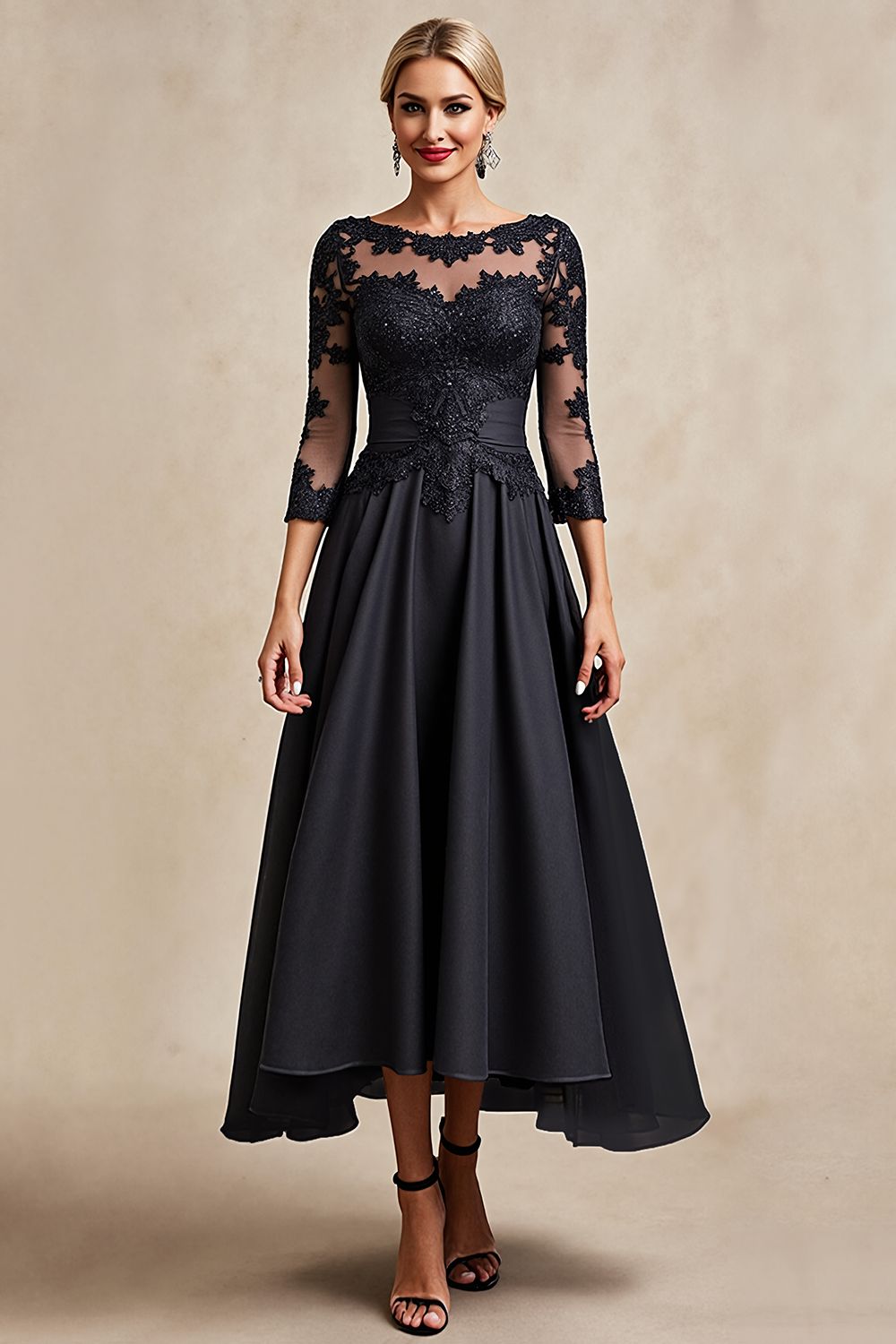 Black A Line 3/4 Sleeve Tea Length Mother of the Bride Dress with Appliques