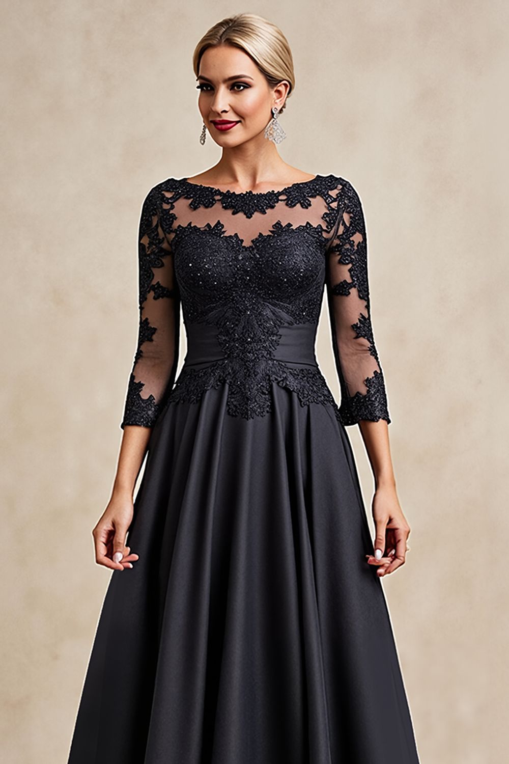 Black A Line 3/4 Sleeve Tea Length Mother of the Bride Dress with Appliques