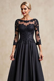 Black A Line 3/4 Sleeve Tea Length Mother of the Bride Dress with Appliques