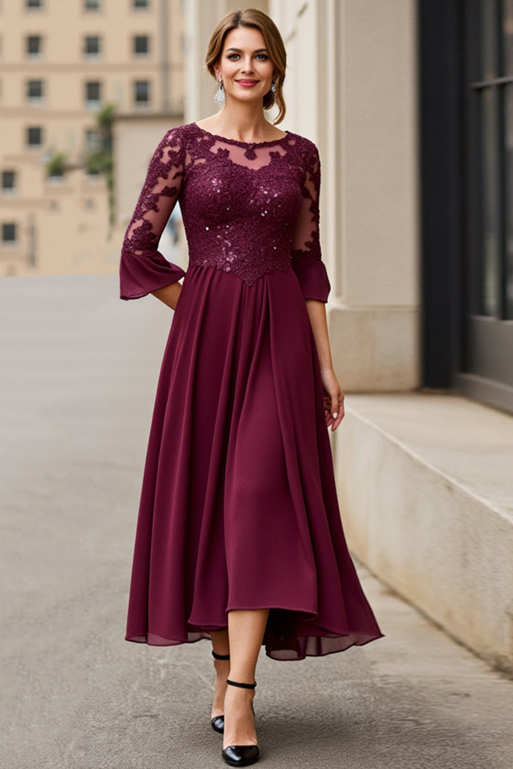 Cabernet Applique A Line Tea Length Mother of the Bride Dress