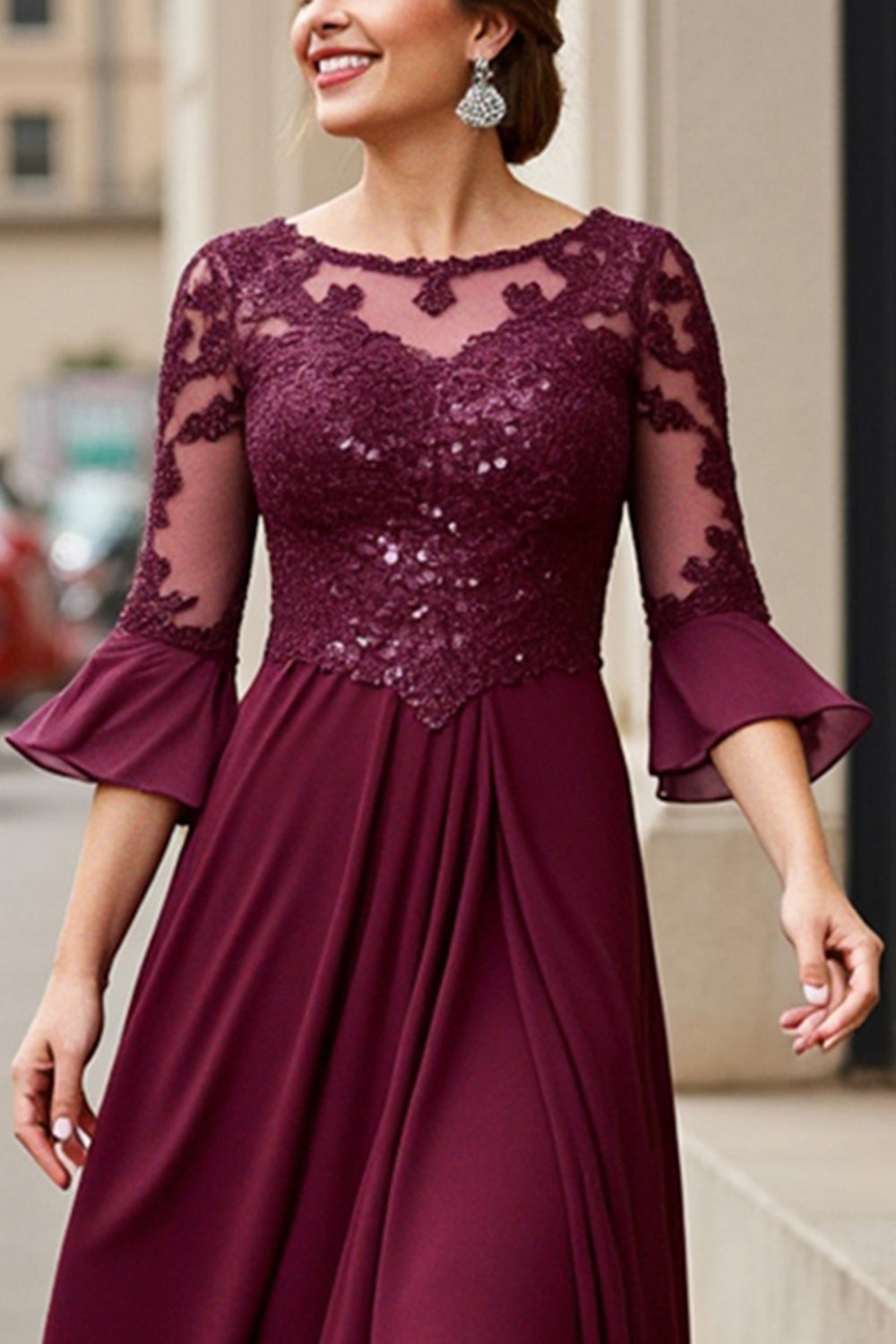 Cabernet Applique A Line Tea Length Mother of the Bride Dress