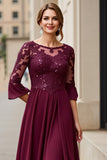 Cabernet Applique A Line Tea Length Mother of the Bride Dress