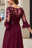 Cabernet Applique A Line Tea Length Mother of the Bride Dress