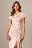 Ruched Satin Sheath Apricot Mother of the Bride Dress with Slit