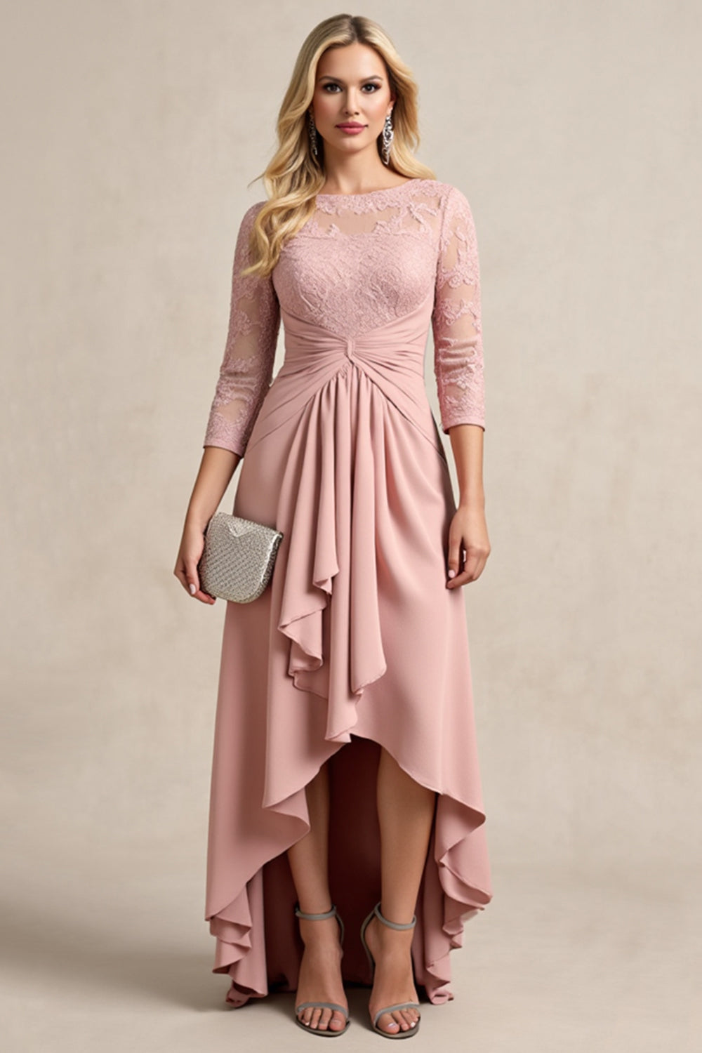 Blush High Low Chiffon Ruched Mother of the Bride Dress with Lace Appliques