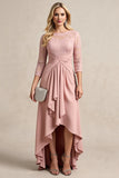 Blush High Low Chiffon Ruched Mother of the Bride Dress with Lace Appliques