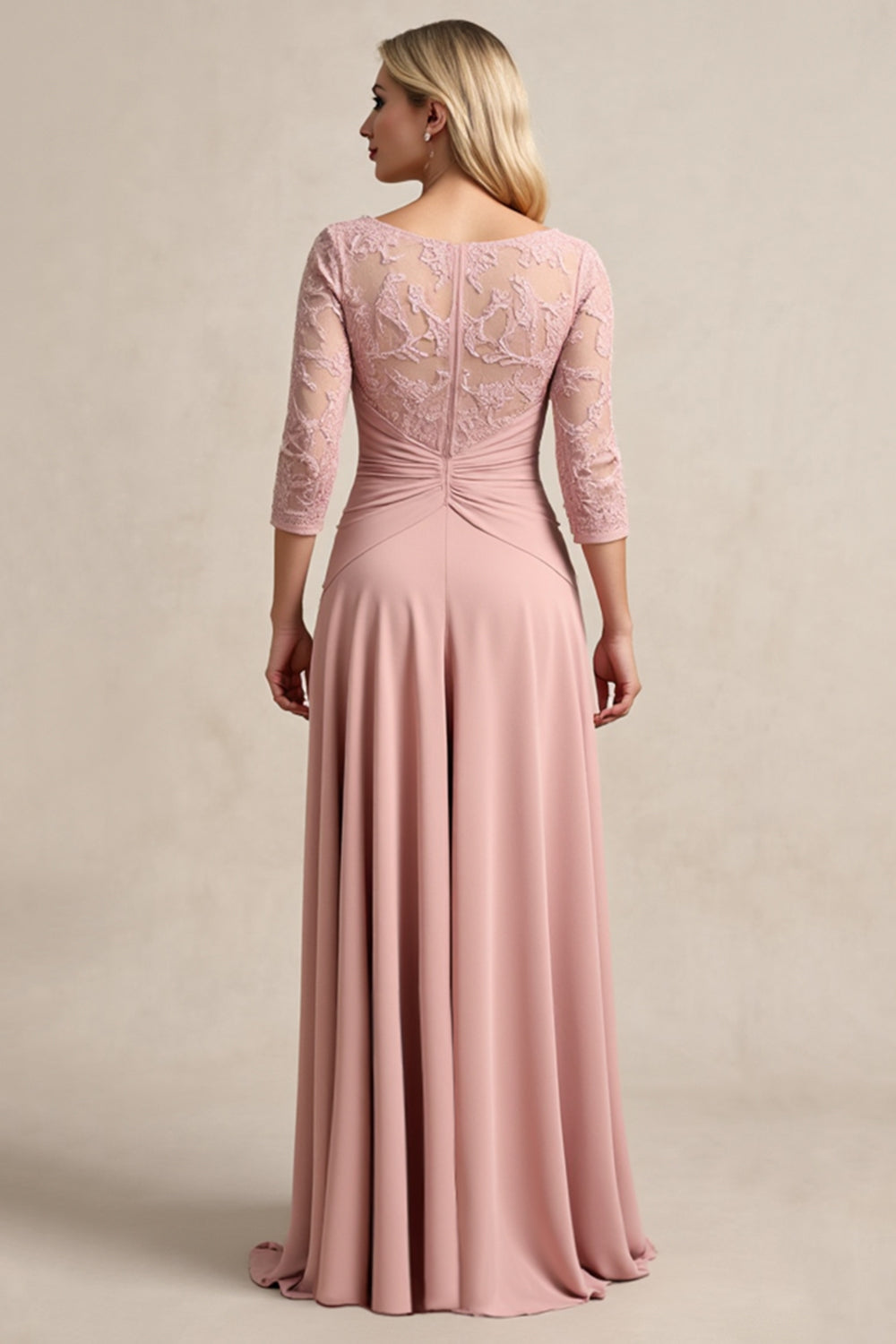 Blush High Low Chiffon Ruched Mother of the Bride Dress with Lace Appliques