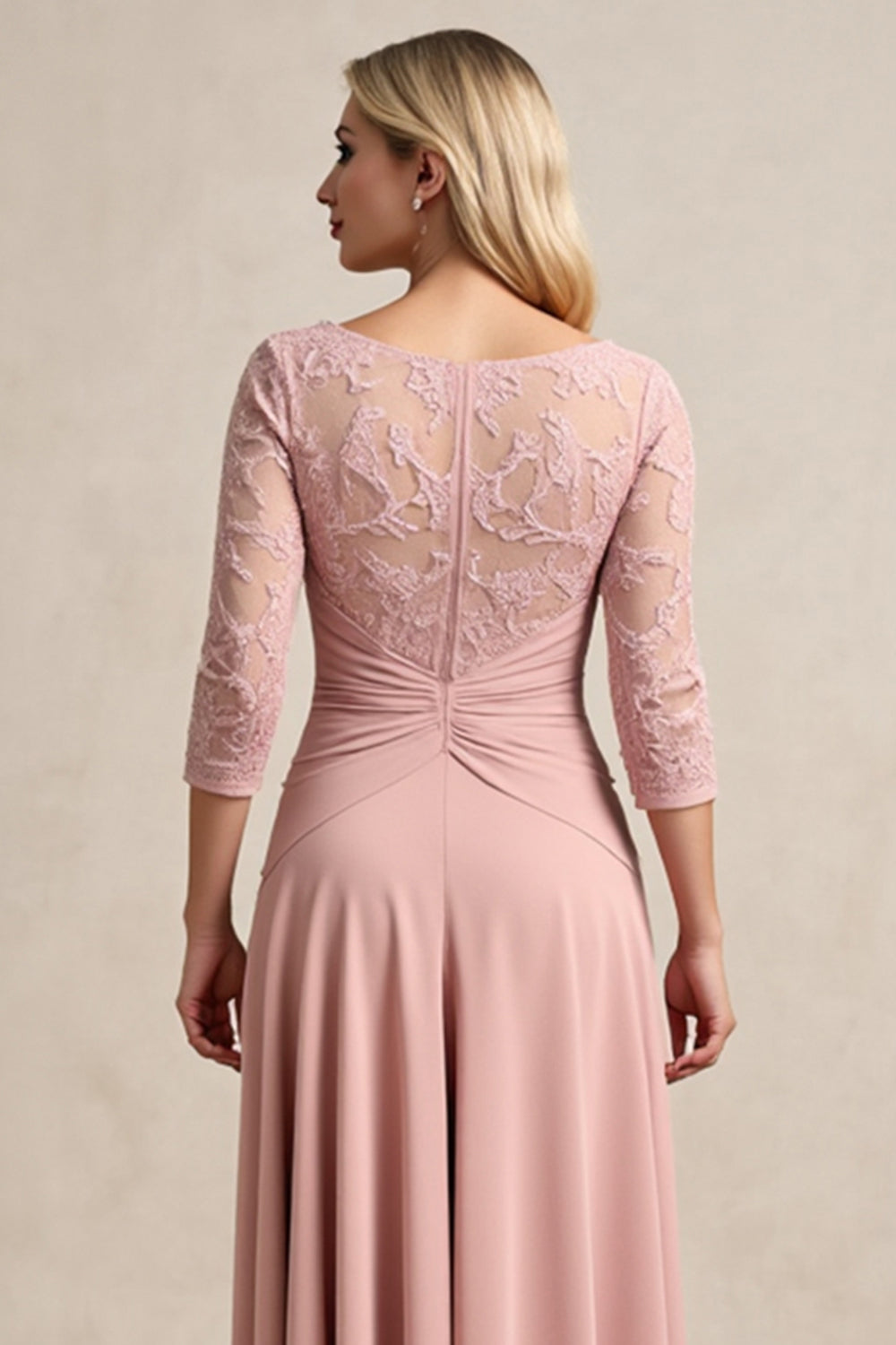 Blush High Low Chiffon Ruched Mother of the Bride Dress with Lace Appliques