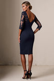 Bodycon 3/4 Sleeve Midi Navy Mother of the Bride Dress with Lace Appliques