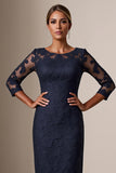 Bodycon 3/4 Sleeve Midi Navy Mother of the Bride Dress with Lace Appliques