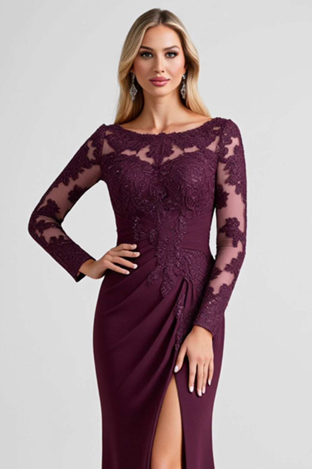 Grape Lace Applique Sheath Mother of the Bride Dress with Slit