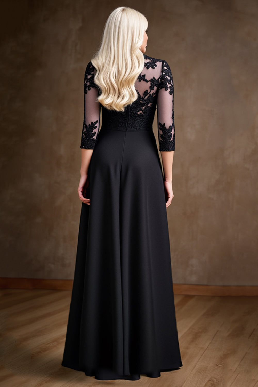 Black Satin A Line Mother of the Bride Dress with Lace Appliques