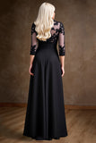 Black Satin A Line Mother of the Bride Dress with Lace Appliques
