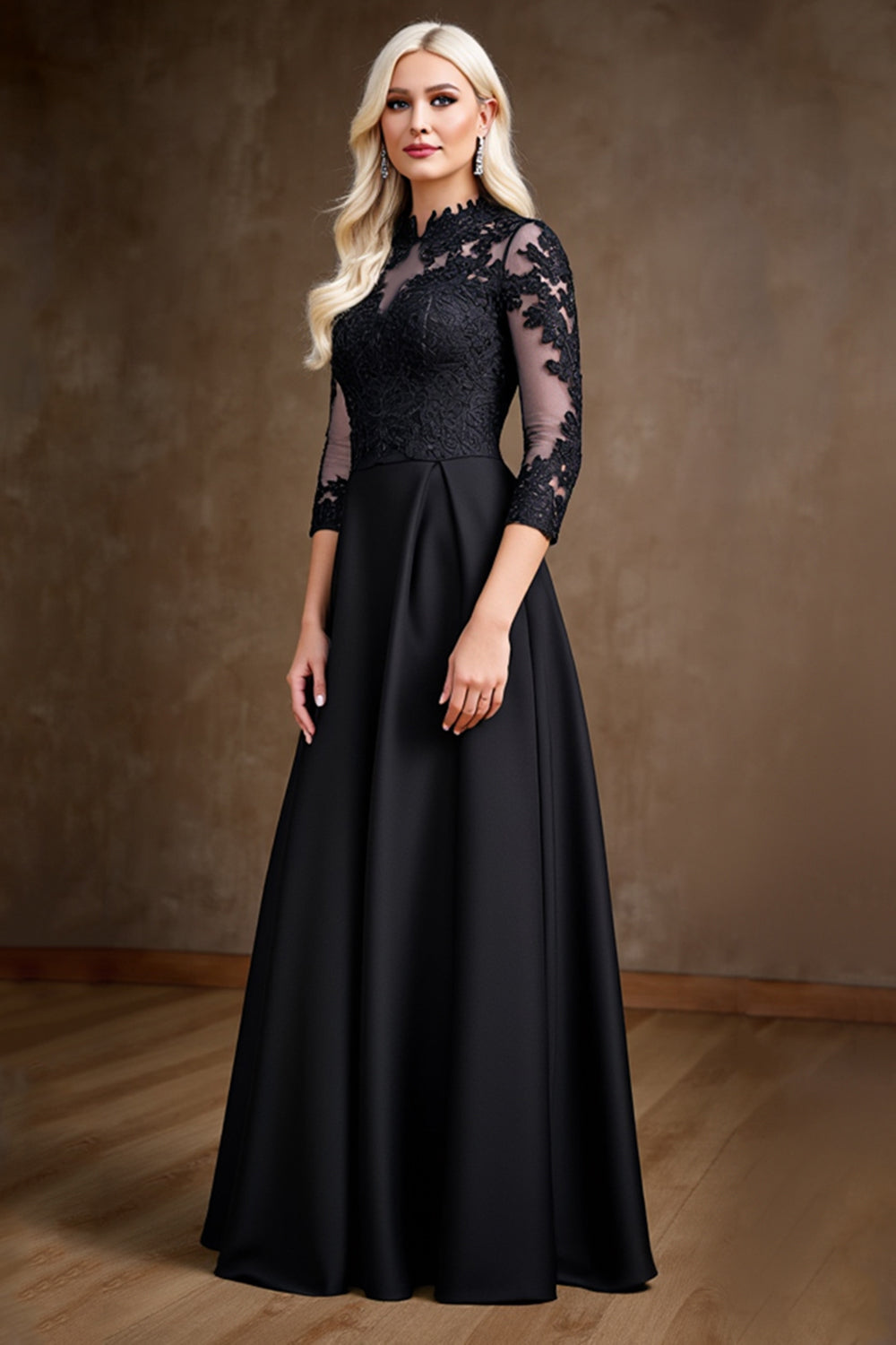 Black Satin A Line Mother of the Bride Dress with Lace Appliques