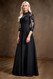 Black Satin A Line Mother of the Bride Dress with Lace Appliques