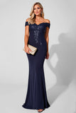 Off the Shoulder Mermaid Navy Mother of the Bride Dress with Appliques