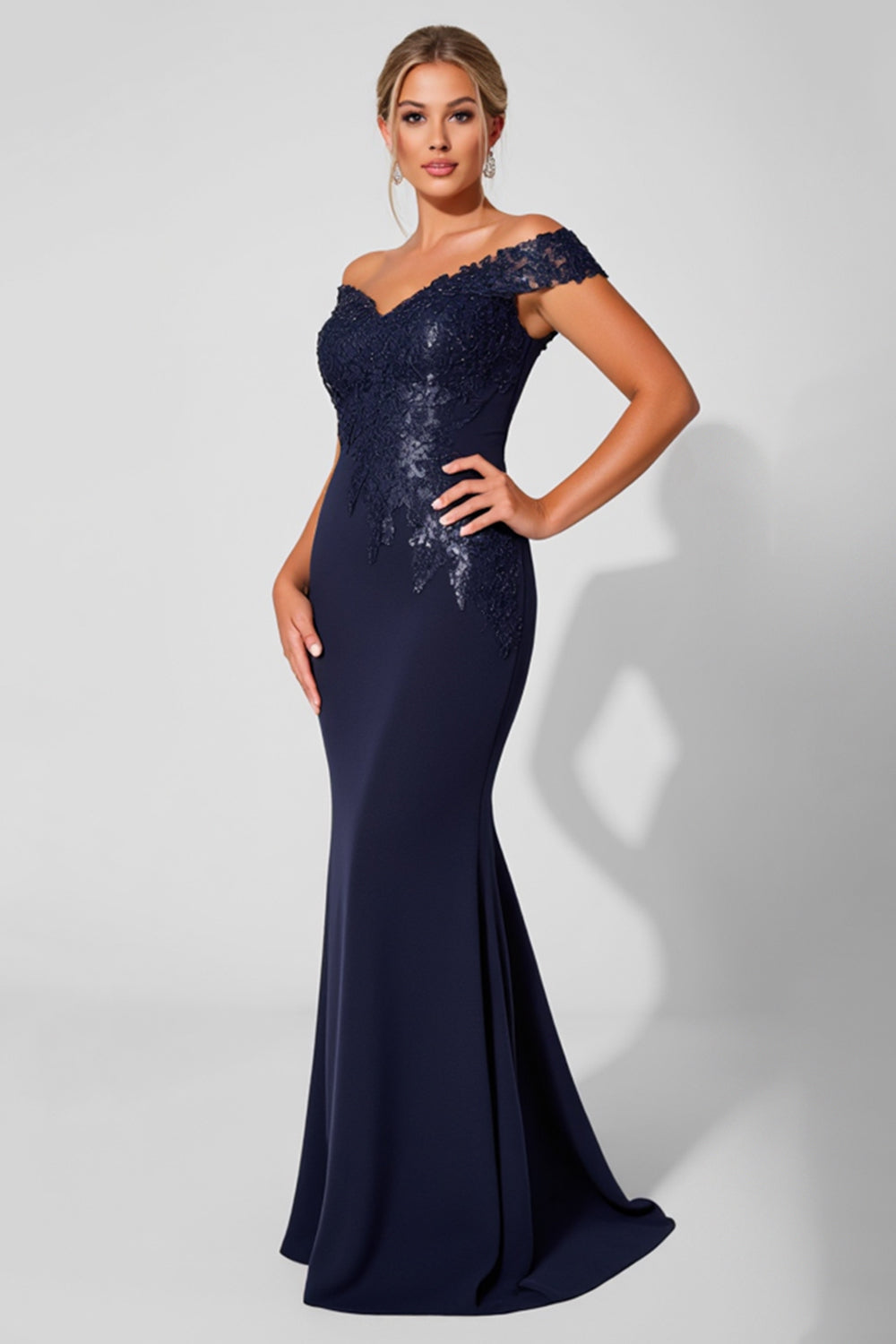 Off the Shoulder Mermaid Navy Mother of the Bride Dress with Appliques