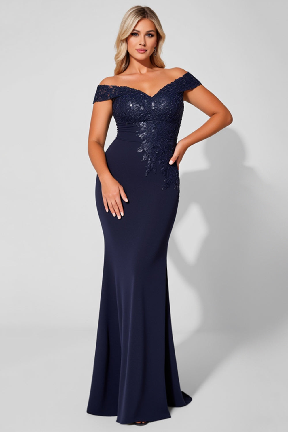 Off the Shoulder Mermaid Navy Mother of the Bride Dress with Appliques