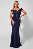 Off the Shoulder Mermaid Navy Mother of the Bride Dress with Appliques