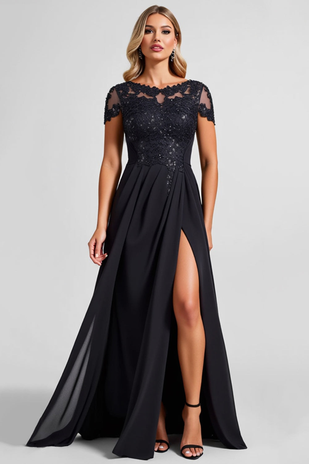 Black A Line Chiffon Applique Mother of the Bride Dress with Slit