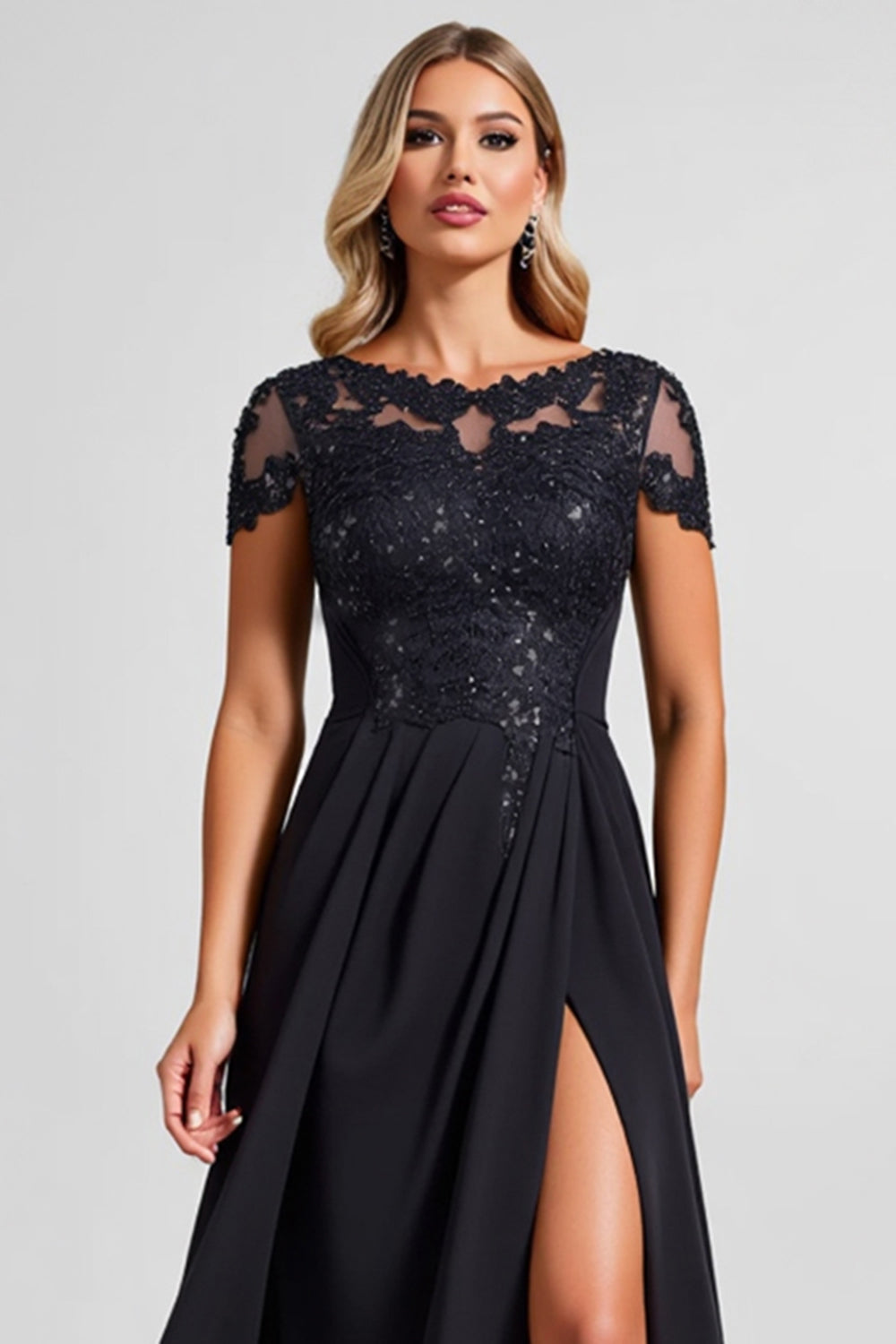 Black A Line Chiffon Applique Mother of the Bride Dress with Slit