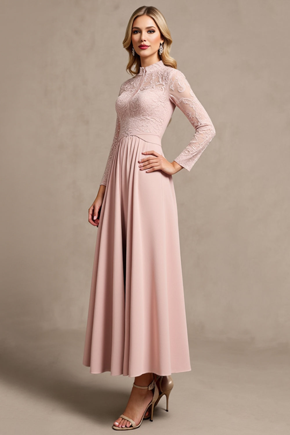High Neck Long Sleeve Candy Pink Mother of the Bride Dress with Appliques