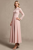 High Neck Long Sleeve Candy Pink Mother of the Bride Dress with Appliques