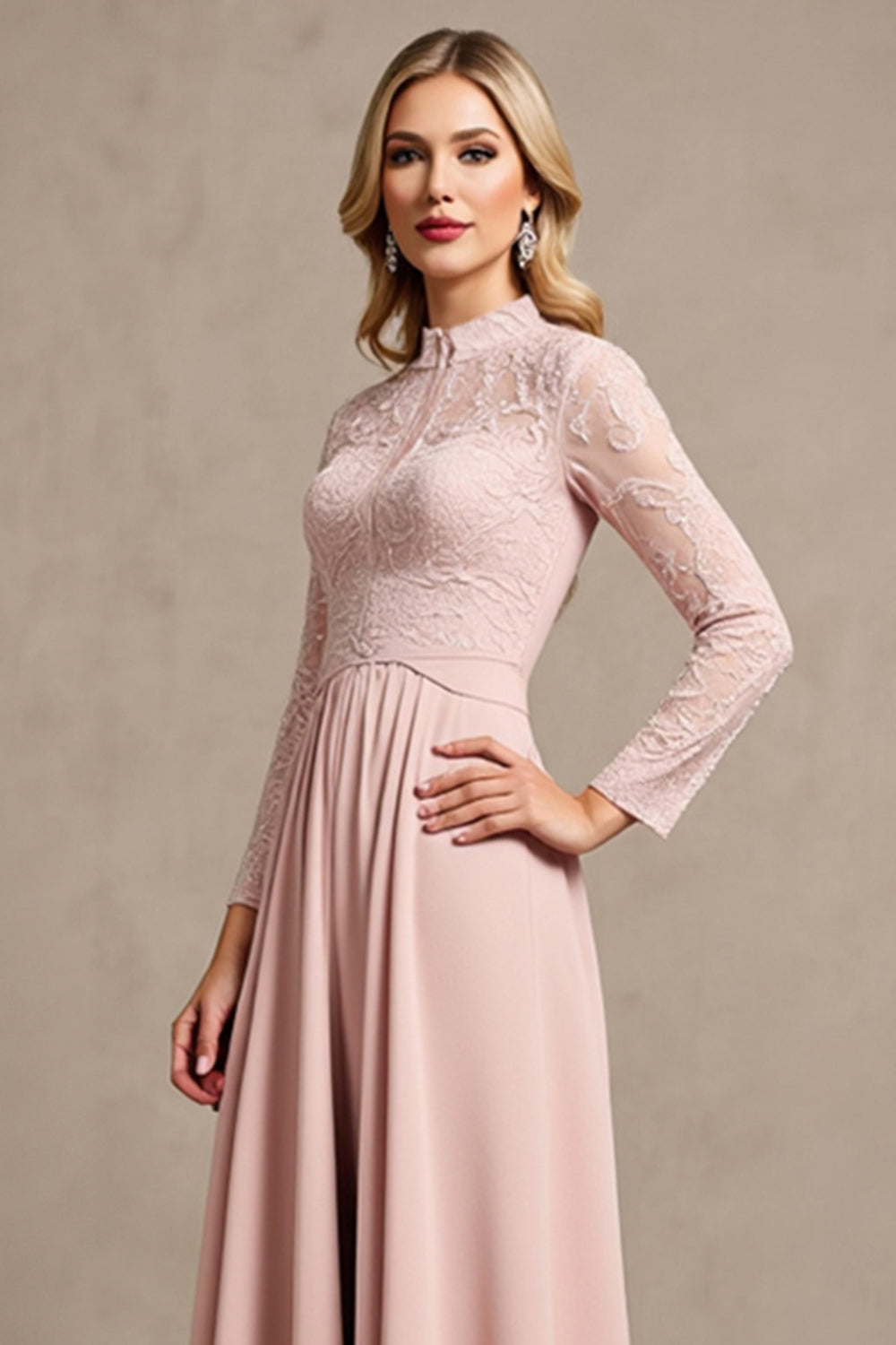 High Neck Long Sleeve Candy Pink Mother of the Bride Dress with Appliques