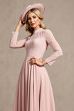 High Neck Long Sleeve Candy Pink Mother of the Bride Dress with Appliques