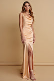 Champagne Satin Cowl Neck Bridesmaid Dress with Slit