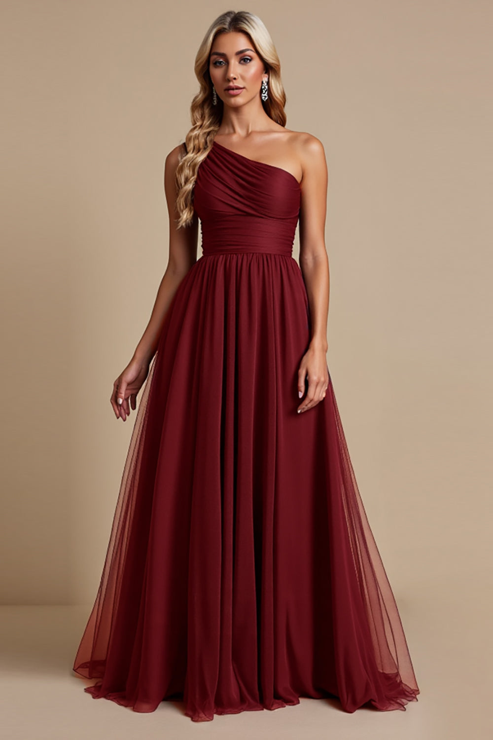 One Shoulder Tulle Red A Line Bridesmaid Dress