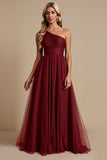 One Shoulder Tulle Red A Line Bridesmaid Dress