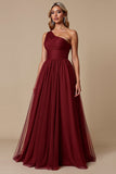 One Shoulder Tulle Red A Line Bridesmaid Dress