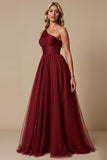 One Shoulder Tulle Red A Line Bridesmaid Dress