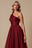 One Shoulder Tulle Red A Line Bridesmaid Dress