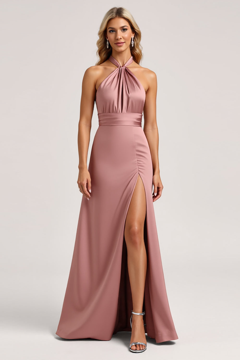 Halter Dusty Rose A Line Satin Bridesmaid Dress with Slit