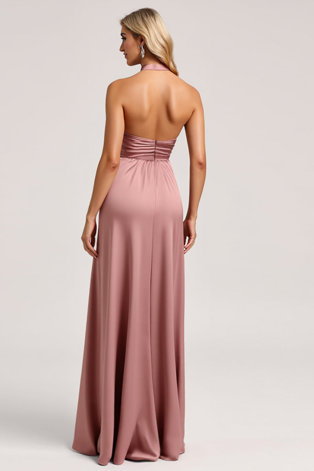 Halter Dusty Rose A Line Satin Bridesmaid Dress with Slit