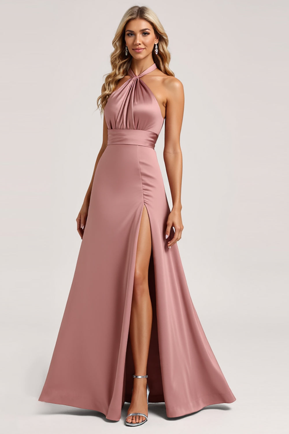 Halter Dusty Rose A Line Satin Bridesmaid Dress with Slit