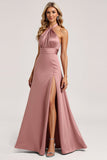 Halter Dusty Rose A Line Satin Bridesmaid Dress with Slit