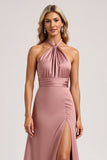 Halter Dusty Rose A Line Satin Bridesmaid Dress with Slit